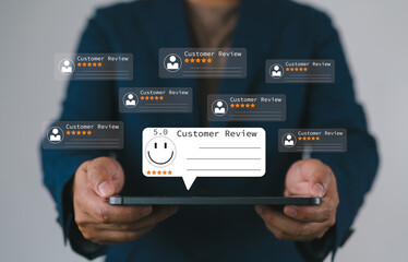 Business Professional Analyzing Customer Reviews. Five-Star Rating and Positive Feedback on Digital...