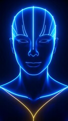 Neon-lit face, glowing lines map features, dark background