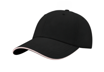 Black baseball cap with white trim isolated on transparent background