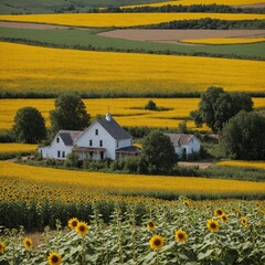 A farmhouse painted in bright yellow, surrounded by sunflower fields
