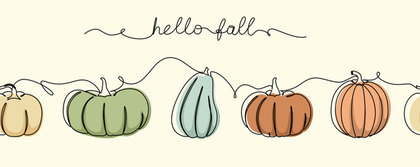 Seamless border with pumpkins. Hello fall. Vector illustration.