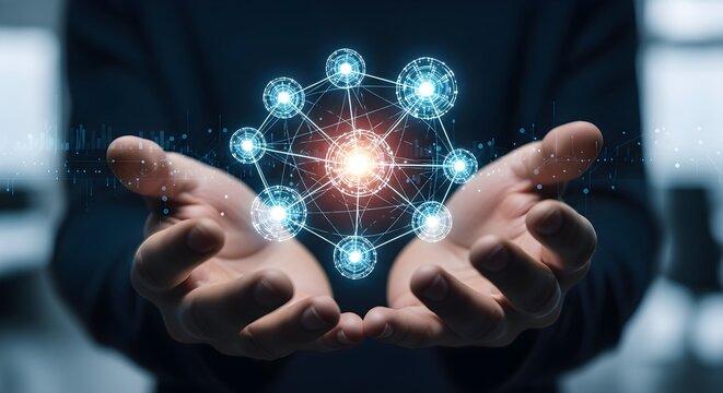 A person's hands cradling a glowing digital network of interconnected nodes, representing data and connectivity.