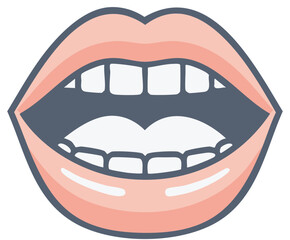 Wide open mouth with pink lips and white teeth cartoon vector illustration for speaking or singing concept