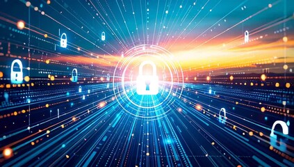 a visual representation of cybersecurity and data protection, with digital locks overlaid on a network of glowing lines - Powered by Adobe