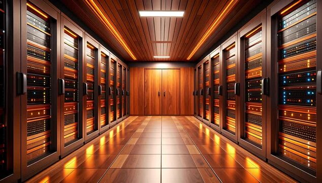 inside a modern server room, showcasing rows of data storage cabinets and a long hallway with wooden doors at the end
