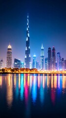 Obraz premium Night cityscape reflecting in calm water; tall skyscraper dominates