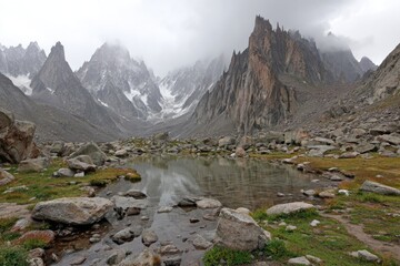 Mountain lake nestled amongst rugged peaks under a cloudy sky