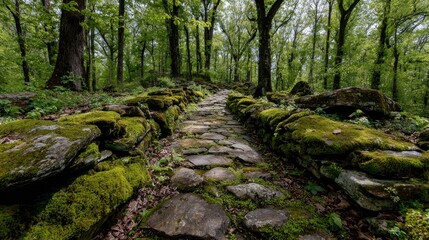 Moss-covered stone path in a lush forest
