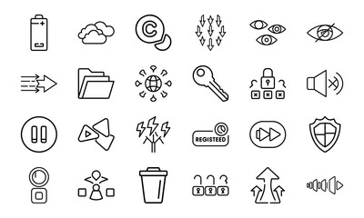 Minimalist Black Line Icon Bundle – Cloud, Battery, Lock, Key, Folder, Copyright, Security, Eye, Mute, Pause, Play, Fast Forward, Tech and Media Interface Symbols Set on White Background