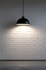 Minimalist Interior with Hanging Black Pendant Lamp on White Brick Wall