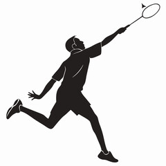 A silhouette of a badminton player striking the shuttlecock in mid-air with a racquet. This graphic may represent sports icons.

