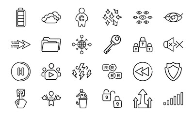 Minimalist Black Line Icon Bundle – Cloud, Battery, Lock, Key, Folder, Copyright, Security, Eye, Mute, Pause, Play, Fast Forward, Tech and Media Interface Symbols Set on White Background