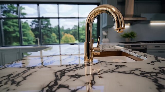 luxurious 4k interior view of a grand kitchen with elegant white and blue cabinets marble island and golden faucet flooded with natural light perfect for design and home inspiration content