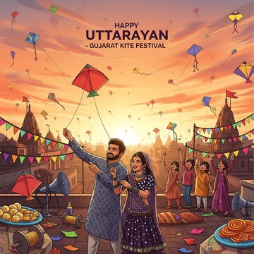 Couple flying kites celebrating makar sankranti uttarayan festival with colorful kites in the sky