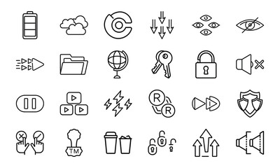 Minimalist Black Line Icon Bundle – Cloud, Battery, Lock, Key, Folder, Copyright, Security, Eye, Mute, Pause, Play, Fast Forward, Tech and Media Interface Symbols Set on White Background