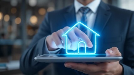 A businessman holds a tablet with a blue neon lighted house icon in his hand, a real estate concept. 4k videos - Powered by Adobe