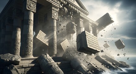 The fall of an ancient civilization as a classical temple of knowledge crumbles and explodes into a stormy apocalyptic sea
