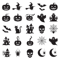 Vector art of collection of halloween icons including pumpkins, witches, bats, ghosts, skulls, and more