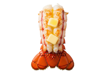 A perfectly broiled lobster tail, vibrant red-orange shell split, fanned succulent white meat, melted golden butter, char marks, on a seamless transparent studio background. Gourmet seafood concept