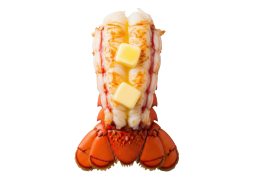 A perfectly broiled lobster tail, vibrant red-orange shell split, fanned succulent white meat, melted golden butter, char marks, on a seamless transparent studio background. Gourmet seafood concept