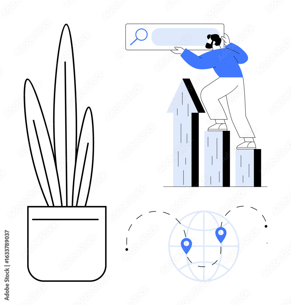 Poster man using a search bar, standing on bar chart, potted plant, globe with location pins and dashed rou