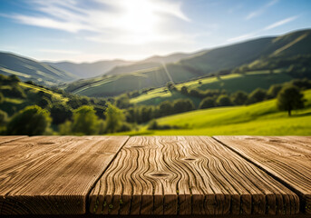 Wooden Table Top with Sunlit Rolling Hills and Blue Sky Background for Product Display, Lifestyle, and Nature-Inspired Design