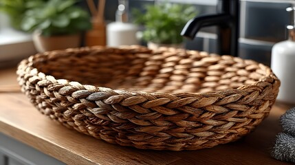 Fototapeta premium Woven basket sink on wooden counter with black faucet and bathroom accessories.