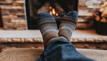 Feet in striped socks relaxing by a fireplace
