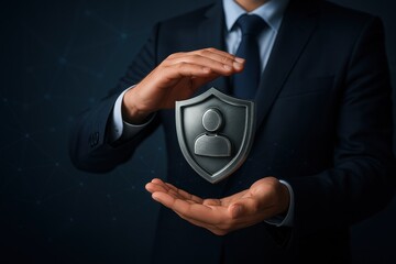 Guardian's Embrace: A well-dressed professional embodies the essence of protection, his hands cradling a shield that symbolizes the safeguarding of personhood.