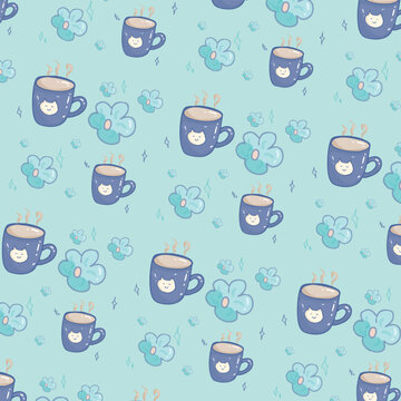 Adobe Illustrator Artwork, blue mug and blue flowers seamless pattern cute doodle