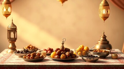 Obraz premium assorted dates and dried fruits on a table under warm lighting, symbolizing ramadan iftar and middle eastern hospitality
