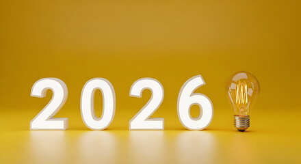 Yellow 2026 Numbers with Light Bulb Symbolizing Bright Ideas, Innovation, and Future Vision on a Vibrant Yellow Background