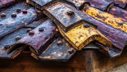 Close-up of weathered, overlapping roof tiles in shades of purple, gold, and brown