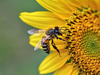 Close-up of honeybee collecting nectar from sunflower in natural environment.
