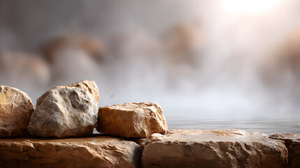 Natural stones arranged on a textured surface, with soft fog in the background, creating a serene atmosphere for relaxation and contemplation in a tranquil setting