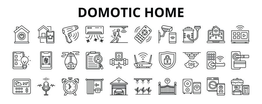 30 Domotics Home Line  Icons Vector - Smart Home, Infrared Sensor, Remote Control, Smart cctv, Smart Lock, Smoke Detector