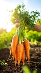 Hand holding a bunch of freshly harvested carrots, still attached to their leafy tops,  in a garden setting
