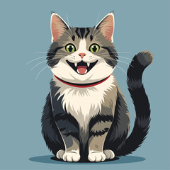 Cheerful cartoon tabby cat with a big happy smile and red collar.