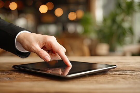 Close-up of hand touching tablet screen in cafe