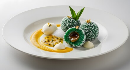 Gourmet Klepon Desserts with Palm Sugar Filling, Coconut, Passion Fruit Puree, and Gold Leaf