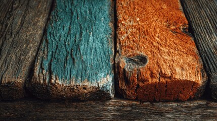 Aged wooden planks in teal and burnt orange