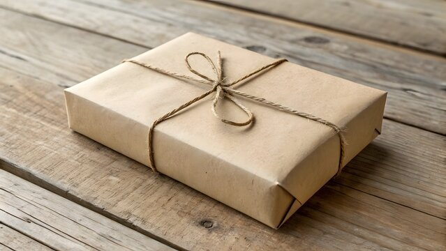 Gift wrapped package tied with twine on rustic wooden surface