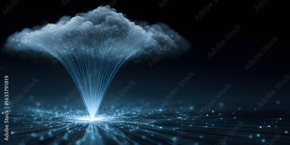 Poster vast cloud directs data streams through a filtering funnel, organization, ai