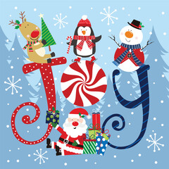 Joyful Christmas Scene Santa, Reindeer, Penguin, and Snowman Celebrate the Holidays