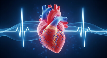 3D Illustration of Human Heart with ECG Pulse Line on Blue Medical Background Representing Cardiology and Cardiovascular Health