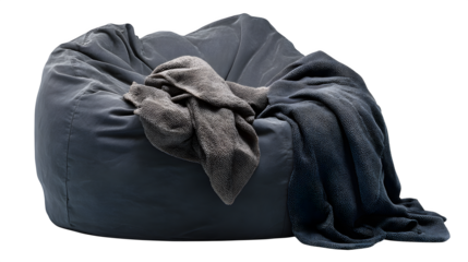 A comfortable beanbag chair with a rumpled throw, indicating recent use, isolated on a Transparent background