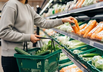 Woman Selecting Fresh Carrots at Supermarket &ndash; Grocery Shopping Lifestyle and Healthy Eating Concept