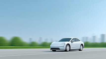 Sleek White Electric Car in Motion on Open Road