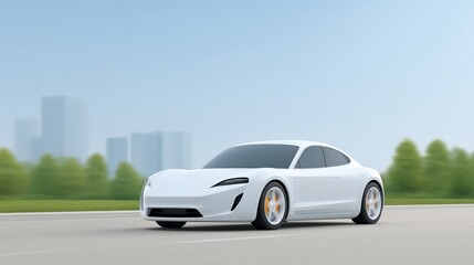 Sleek White Electric Car Driving on Urban Roadway