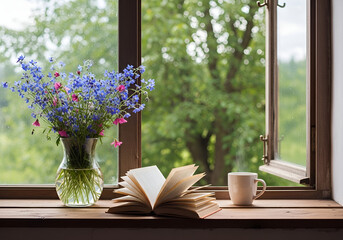 Cozy Morning Scene with Open Book, Fresh Wildflowers in Vase, and Coffee Mug on Wooden Window Sill Overlooking Lush Green Nature